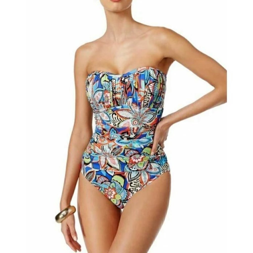 New Swim Solutions Fiesta Print Swimsuit Womens 20 Shirred Bandeau One Piece